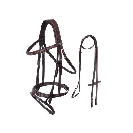 High-quality English-style horse bridles with browband and noseband, ideal for equestrian control and communication, wholesale-ready.