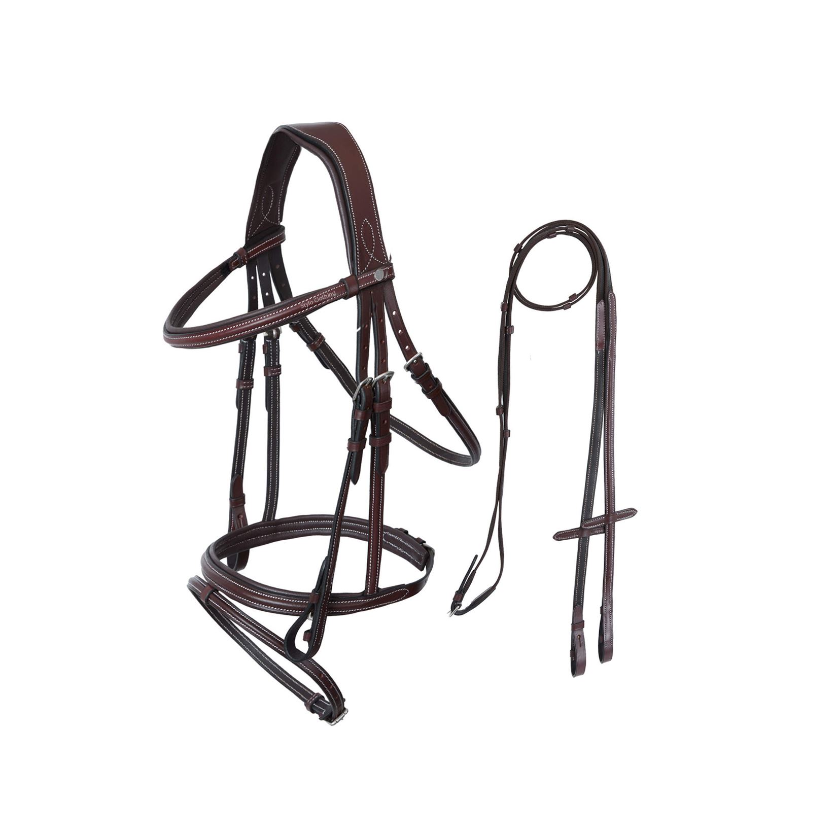 High-quality English-style horse bridles with browband and noseband, ideal for equestrian control and communication, wholesale-ready.