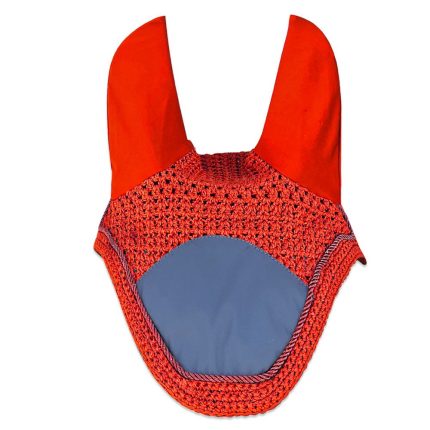 Red reflective ear bonnet designed for night riding visibility