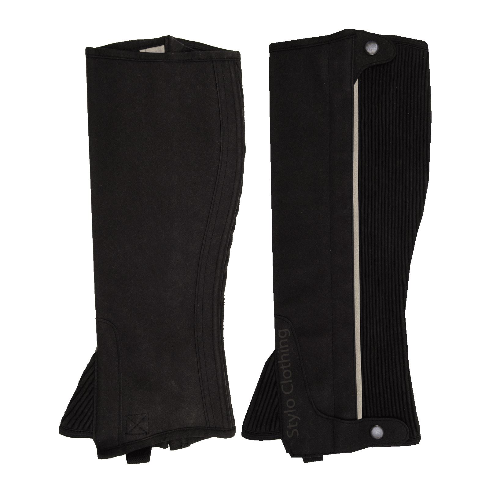 Customized-Amara-Half-Chaps-for-horse-training-riders-leg-protection Durable and protective half chaps for horse training, Amara material with zipper for secure fit, available at Stylo Clothing