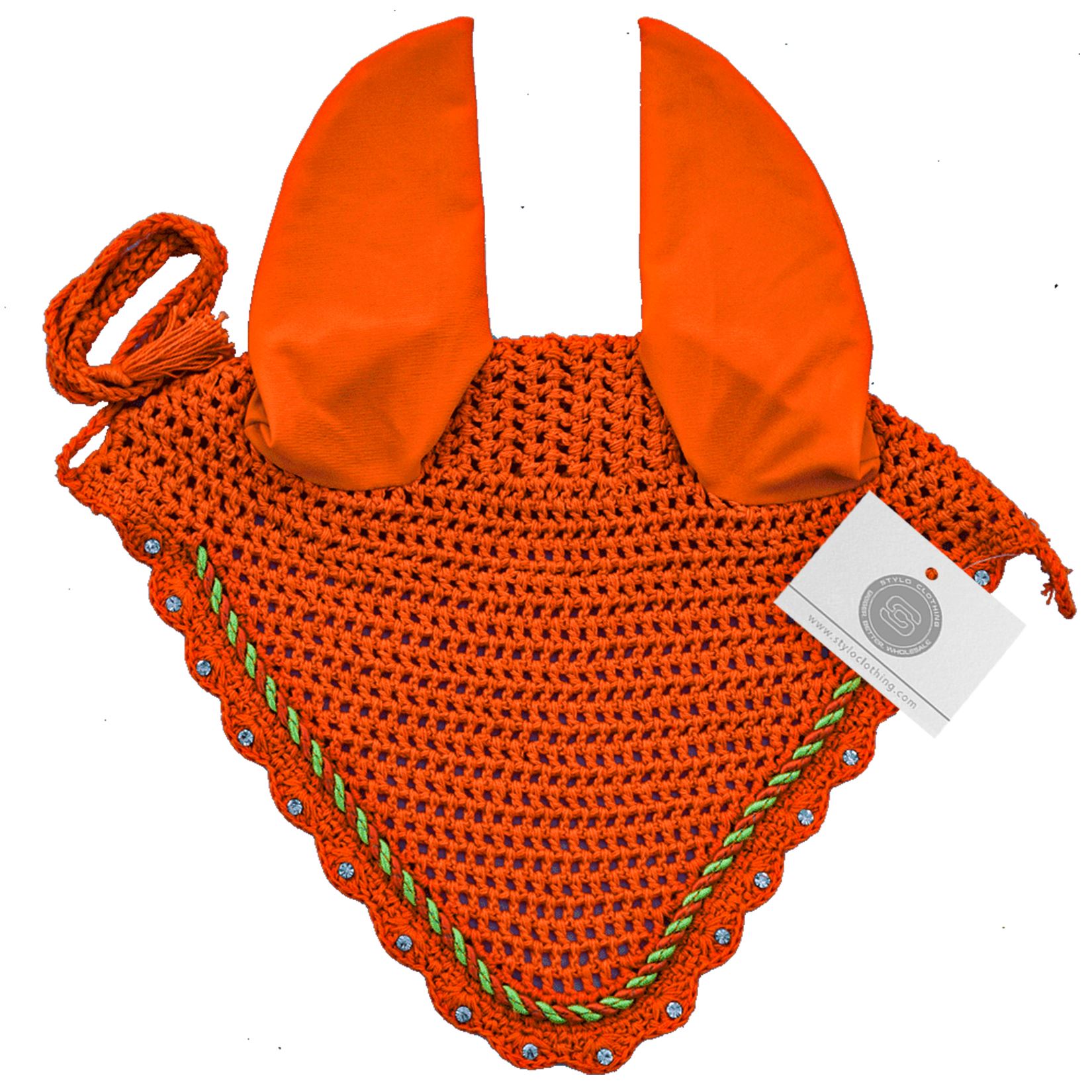 Stylish-horse-ear-bonnet-with-string-single-cord-horse-care-fly-veil Stylish horse fly veil ear bonnet with rhinestones, offering comfort and protection during rides