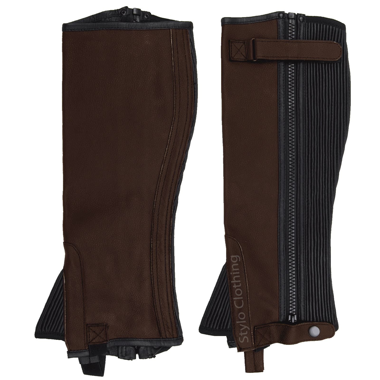 Top-quality-leather-half-chaps-for-stable-horse-riding-customized-supplies "Top-rated leather half chap with zipper and non-slip button for secure fit, bulk orders available at Stylo Clothing"