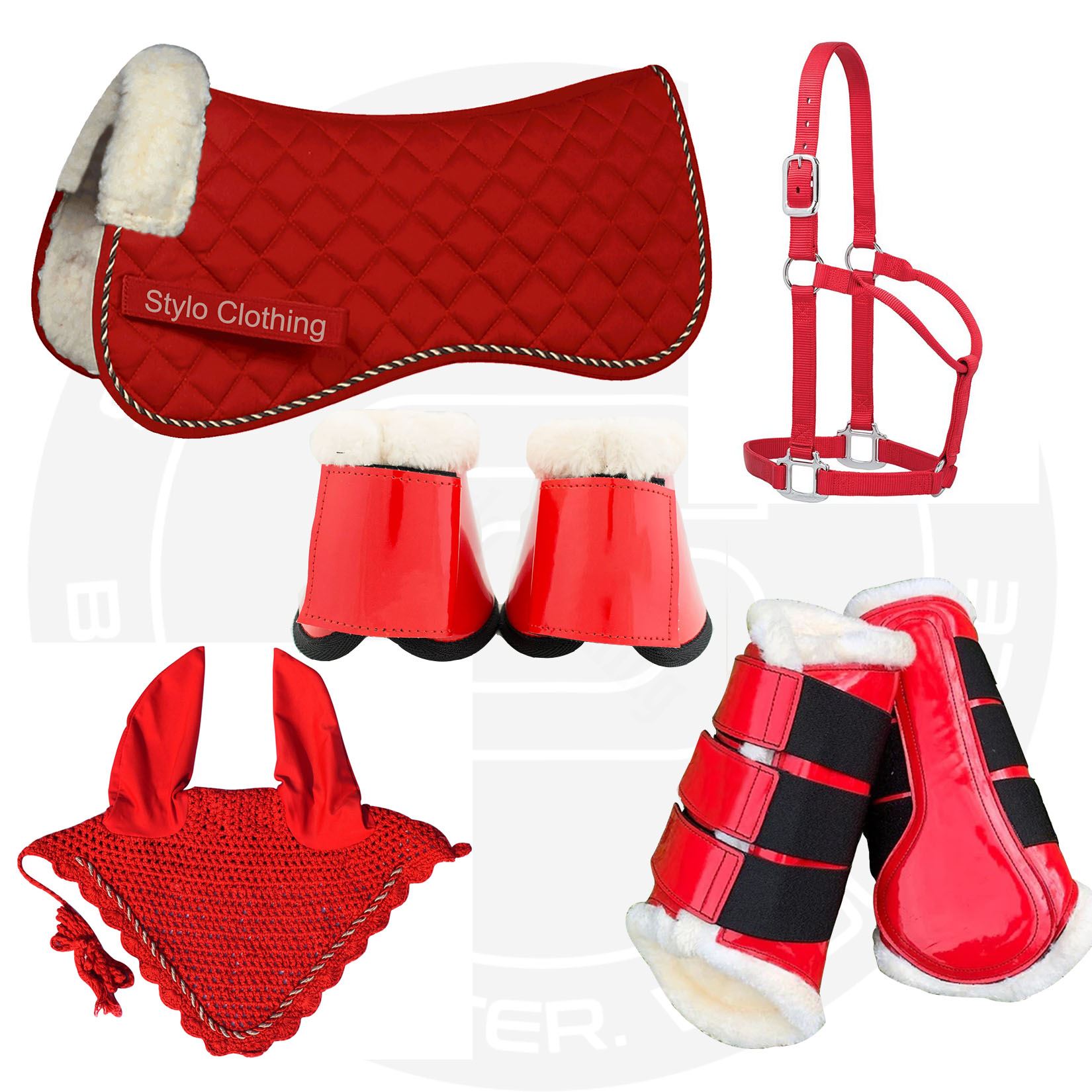 High-Quality Matching Horse Set, Featuring Cotton Half Saddle Pad, Bell Boots, Halter, Ear Bonnet, and Brushing Boots