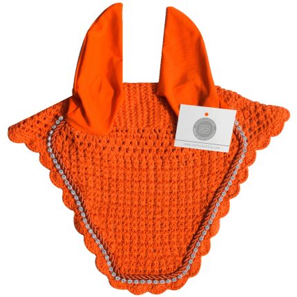 Orange fly veil ear bonnet with a luxury no-string design for horses
