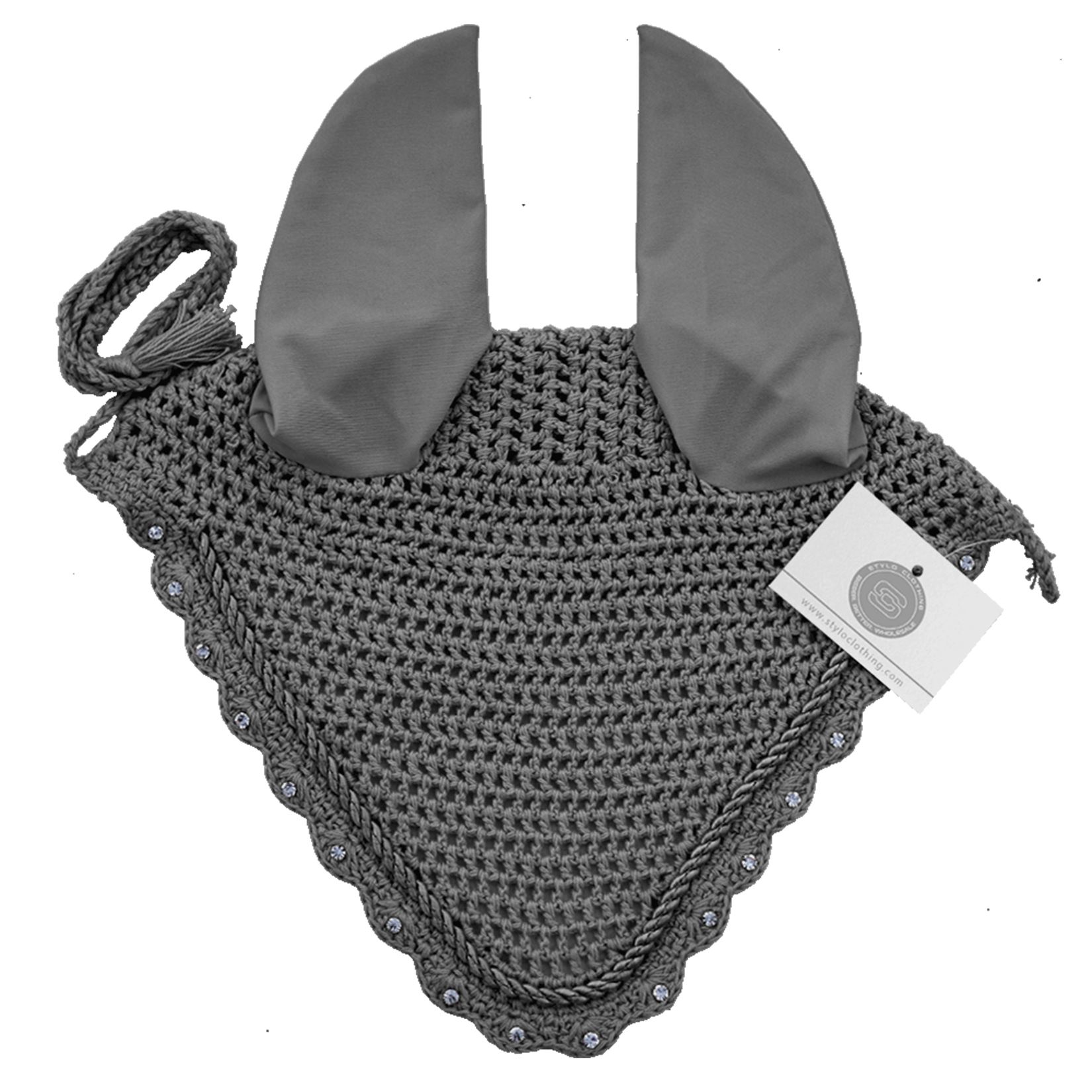 Top-selling-Ear-bonnet-with-string-single-cord-wholesale-equestrian-horse-wear Stylish horse fly veil ear bonnet with rhinestones, offering comfort and protection during rides