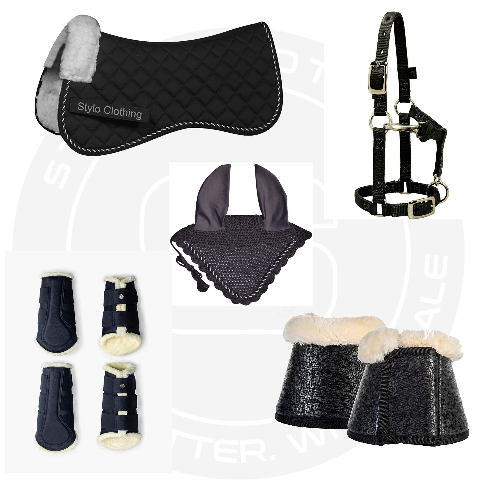 Best Quality Matching Horse Set, Includes Cotton Half Saddle Pad, Bell Boots, Halter, Ear Bonnet, and Brushing Boots