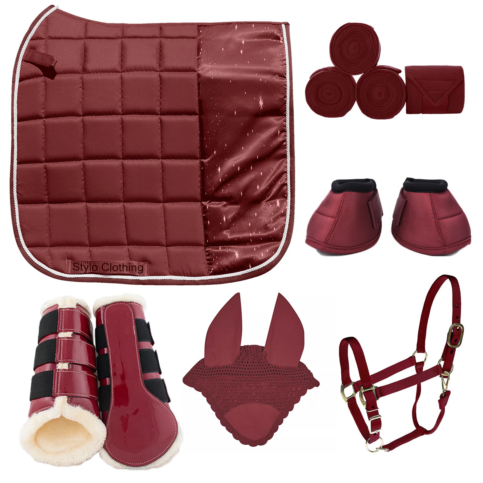 Durable Horse Matchy Set Tack Supplies, Complete with Saddle Pad, Bandages, Halter, Boots, Ear Bonnet, and Brushing Boots