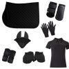 Best Selling Custom Made Black Horse Matching Set Horse Saddle Pad, Bandage, Gloves, Boots, and T-shirt Horse Riding