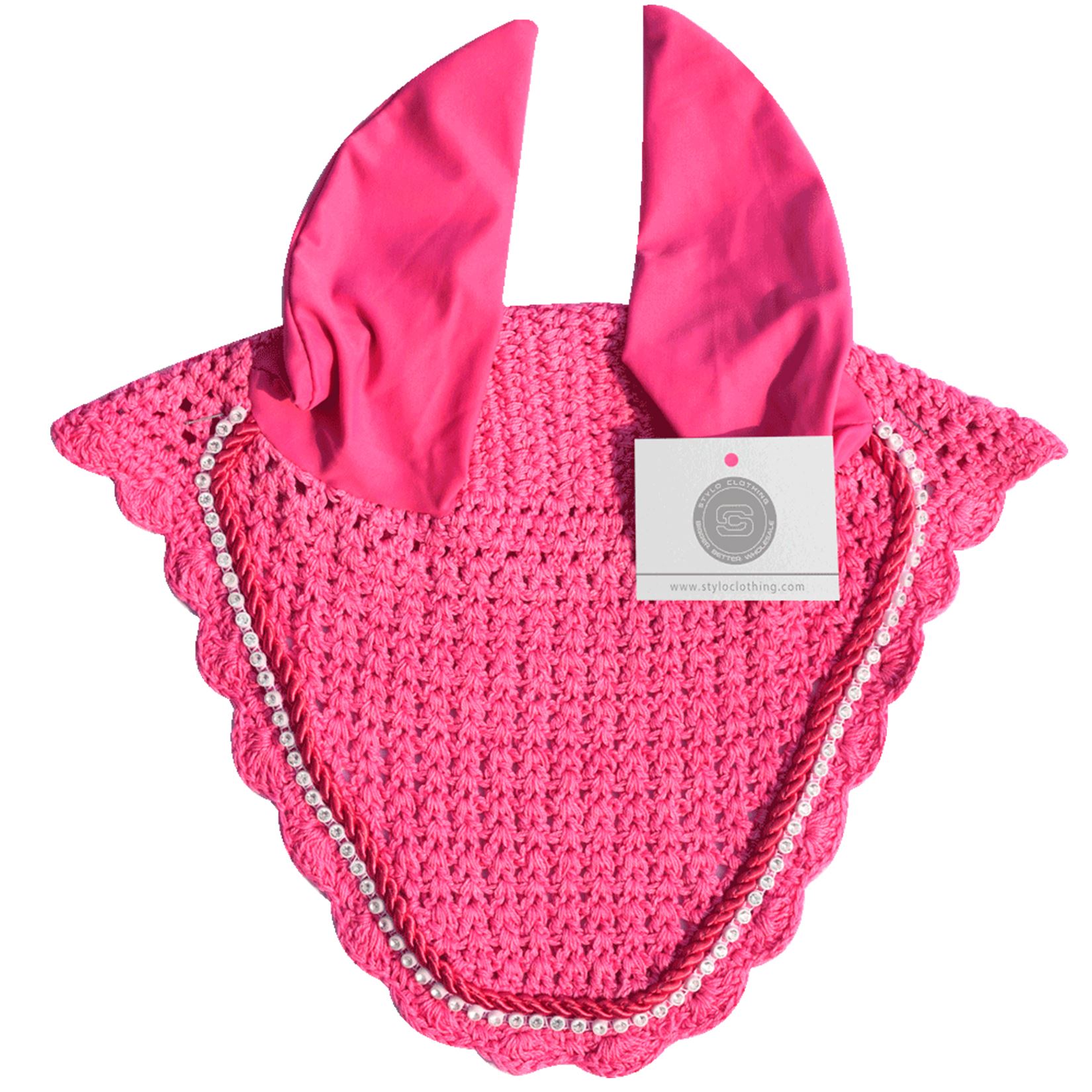 Pink fly veil ear bonnet featuring a luxury no-string design for maximum comfort