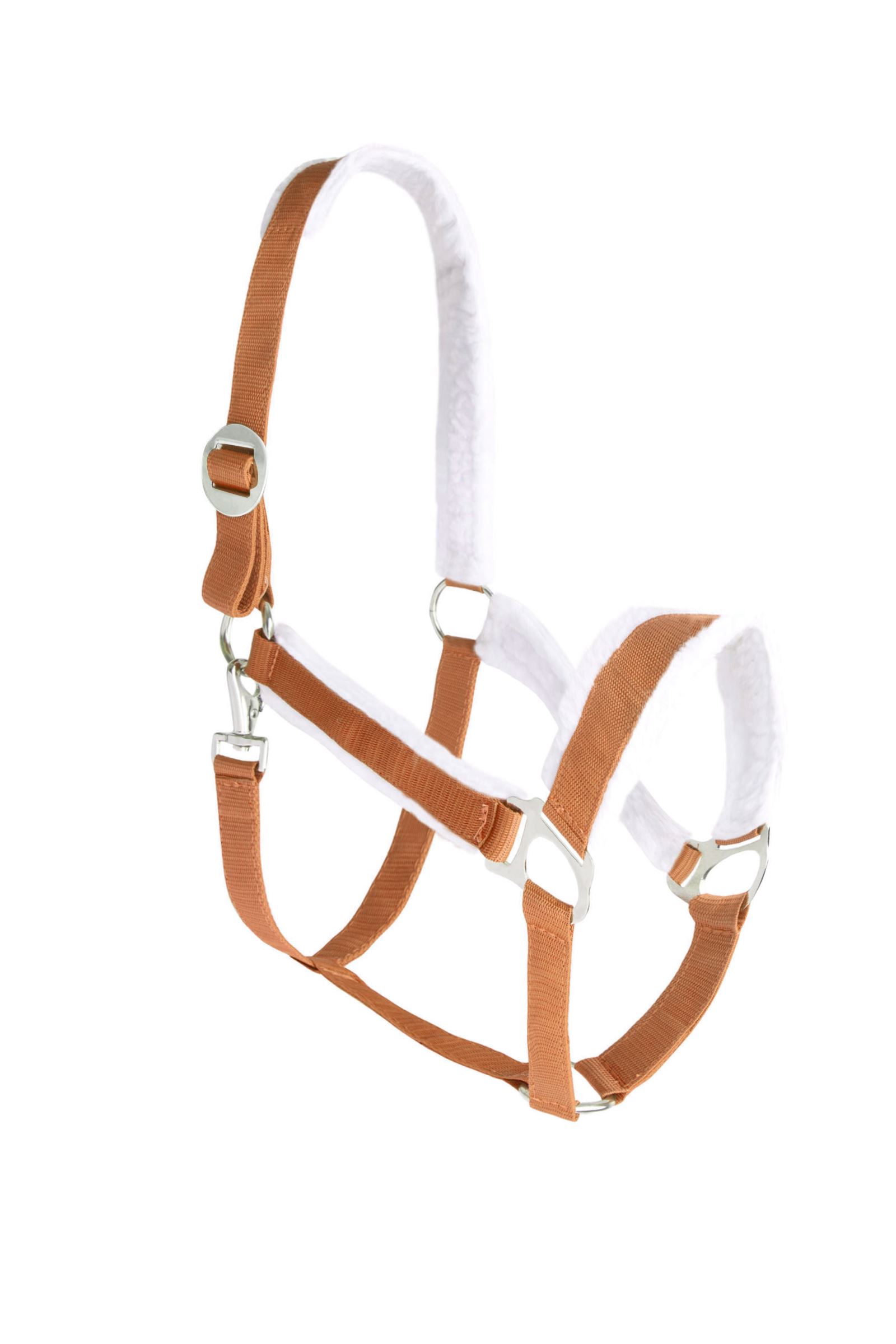 Faux fur-lined adjustable horse halters crafted from neoprene, providing comfort and durability, perfect for bulk purchases from Stylo Clothing.