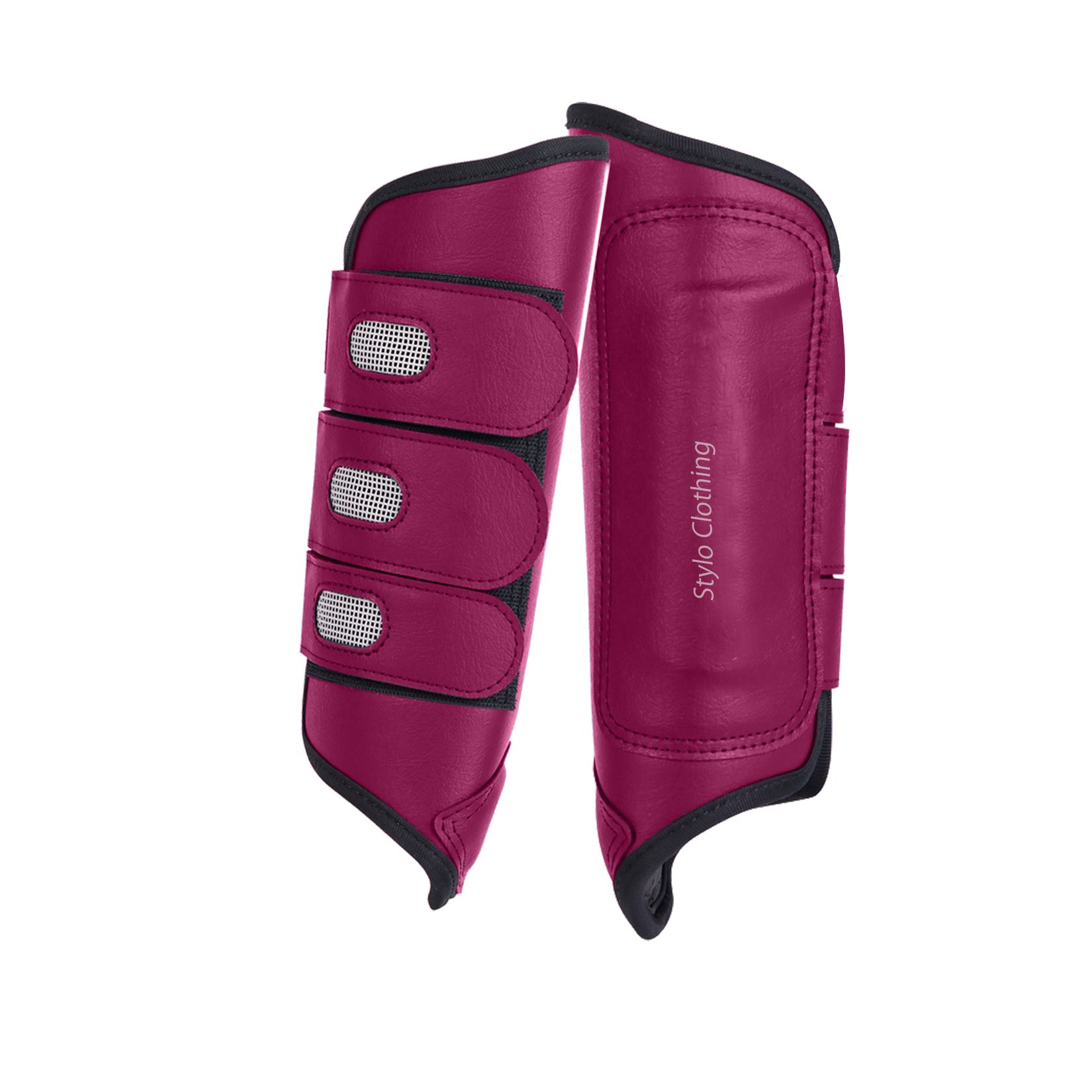 Durable horse brushing boots with leather ventilation, wholesale customizable riding gear by Stylo Clothing.