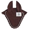 Brown ear bonnet with rhinestones and no-string design, providing comfort for horses