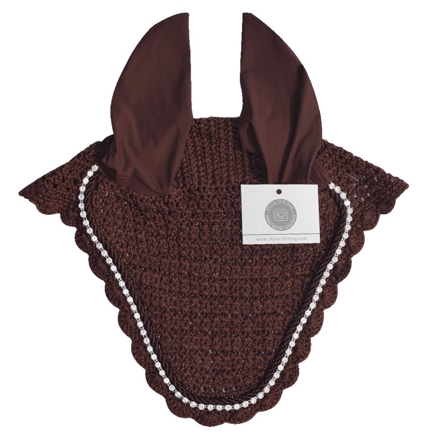 Brown ear bonnet with rhinestones and no-string design, providing comfort for horses