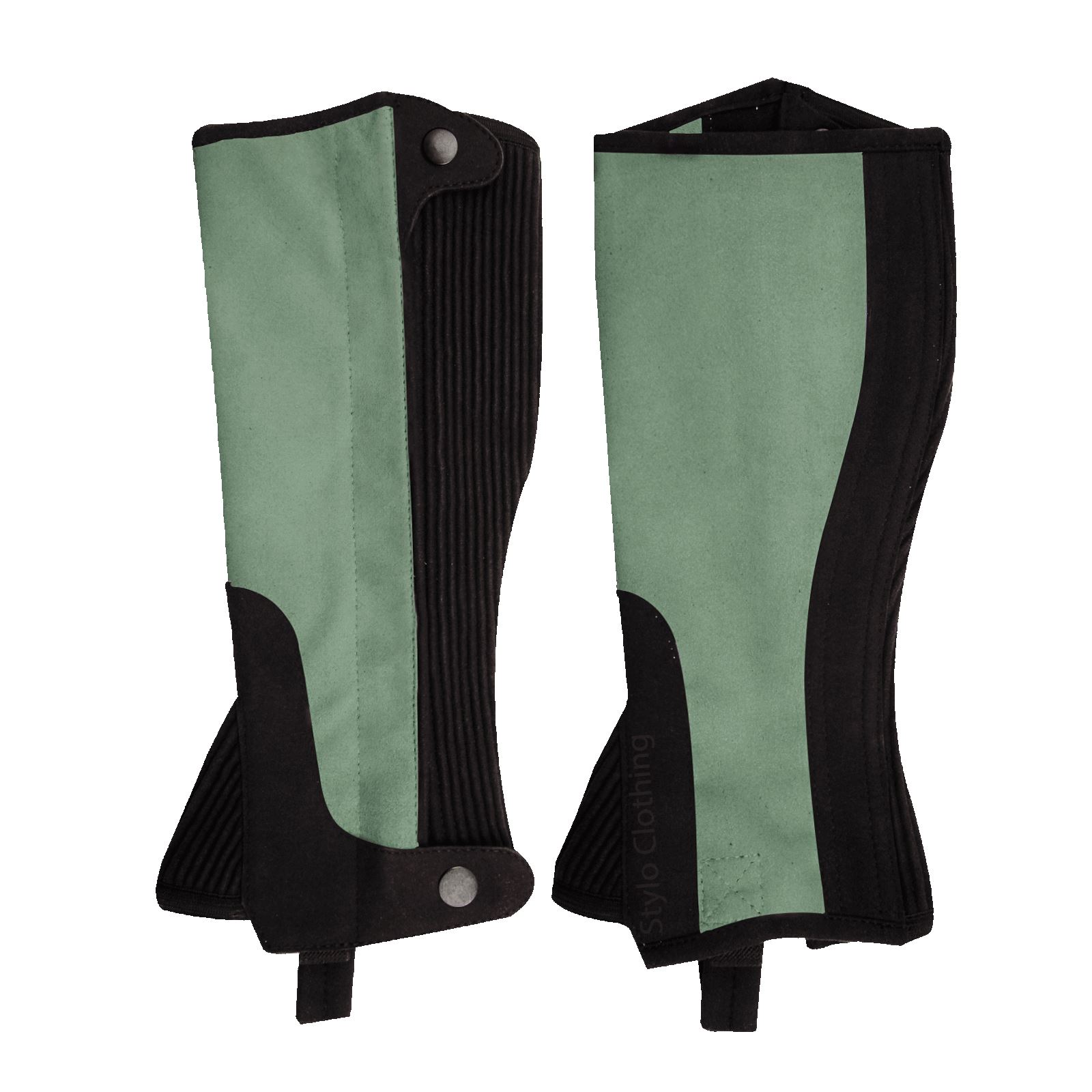 Top-quality-Amara-half-chaps-non-slip-adjustable-button-horse-riders-gear Wholesale durable leather half chaps in Amara material for leg safety, featuring secure zipper and non slip adjustable button, manufactured by Stylo Clothing
