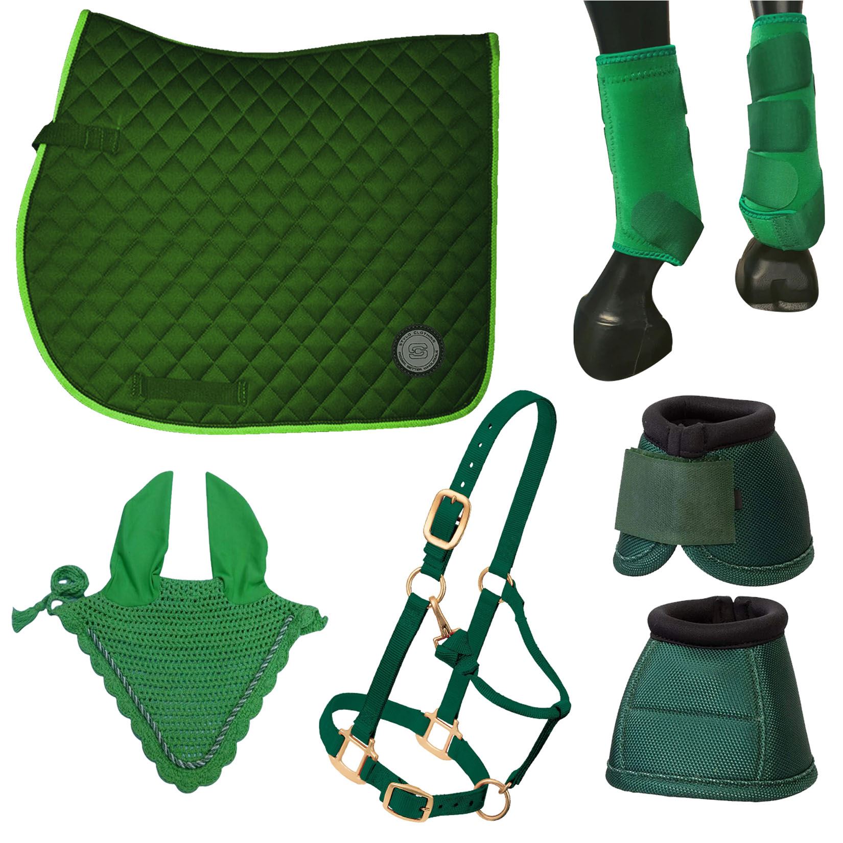 Wholesale Best Selling Matching Horse Sets, Includes Cotton Half Saddle Pad, Bell Boots, Halter, Ear Bonnet, and Brushing Boots