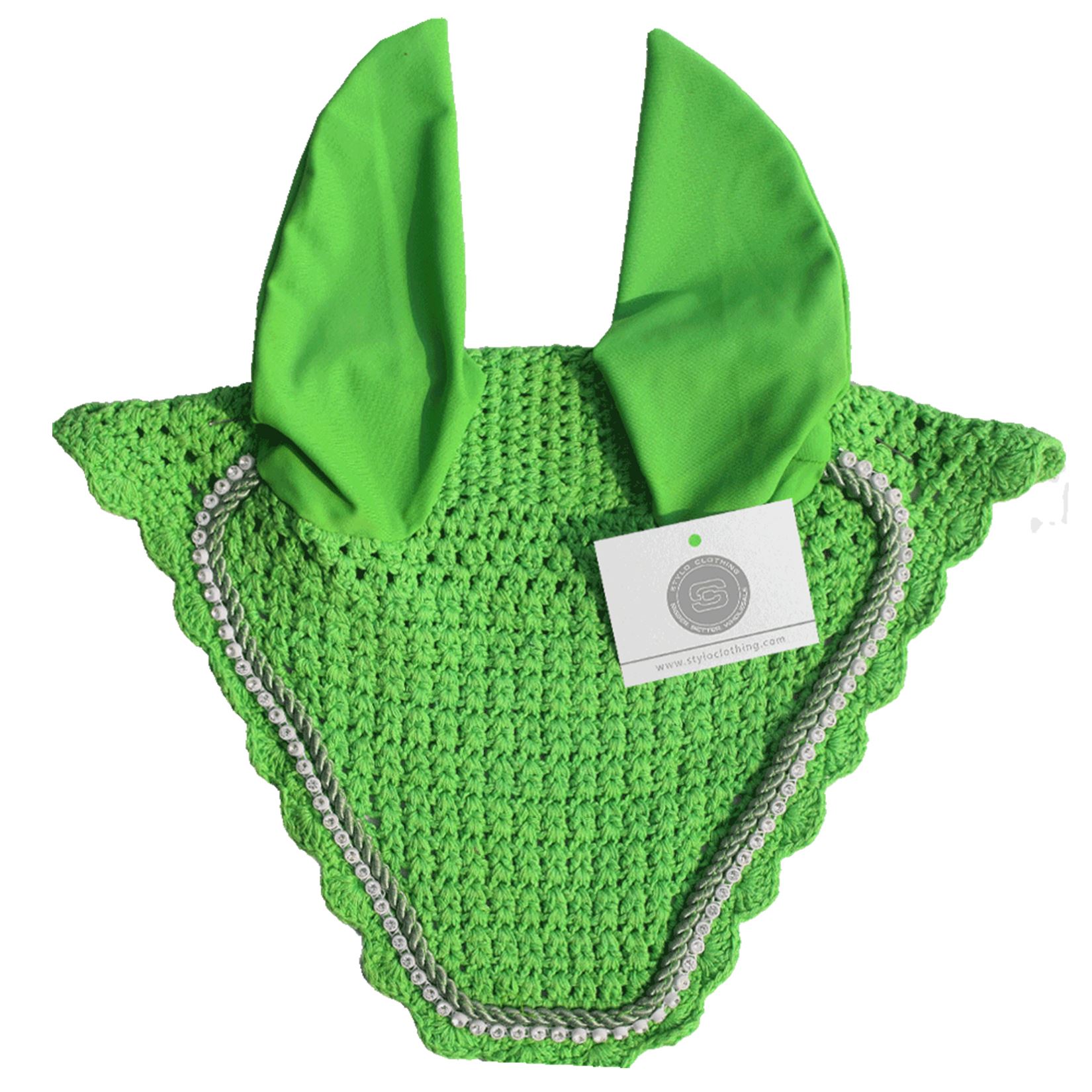 Light green fly veil ear bonnet with a no-string design for optimal comfort