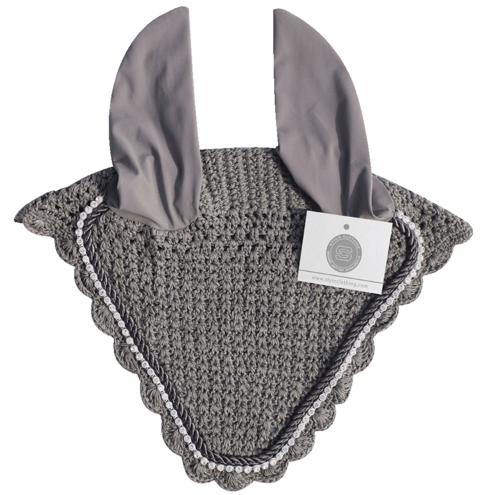 Elegant Slate Horse Ear Covers | 100+ Rhinestone Designs Slate horse ear covers with rhinestone accents for added elegance