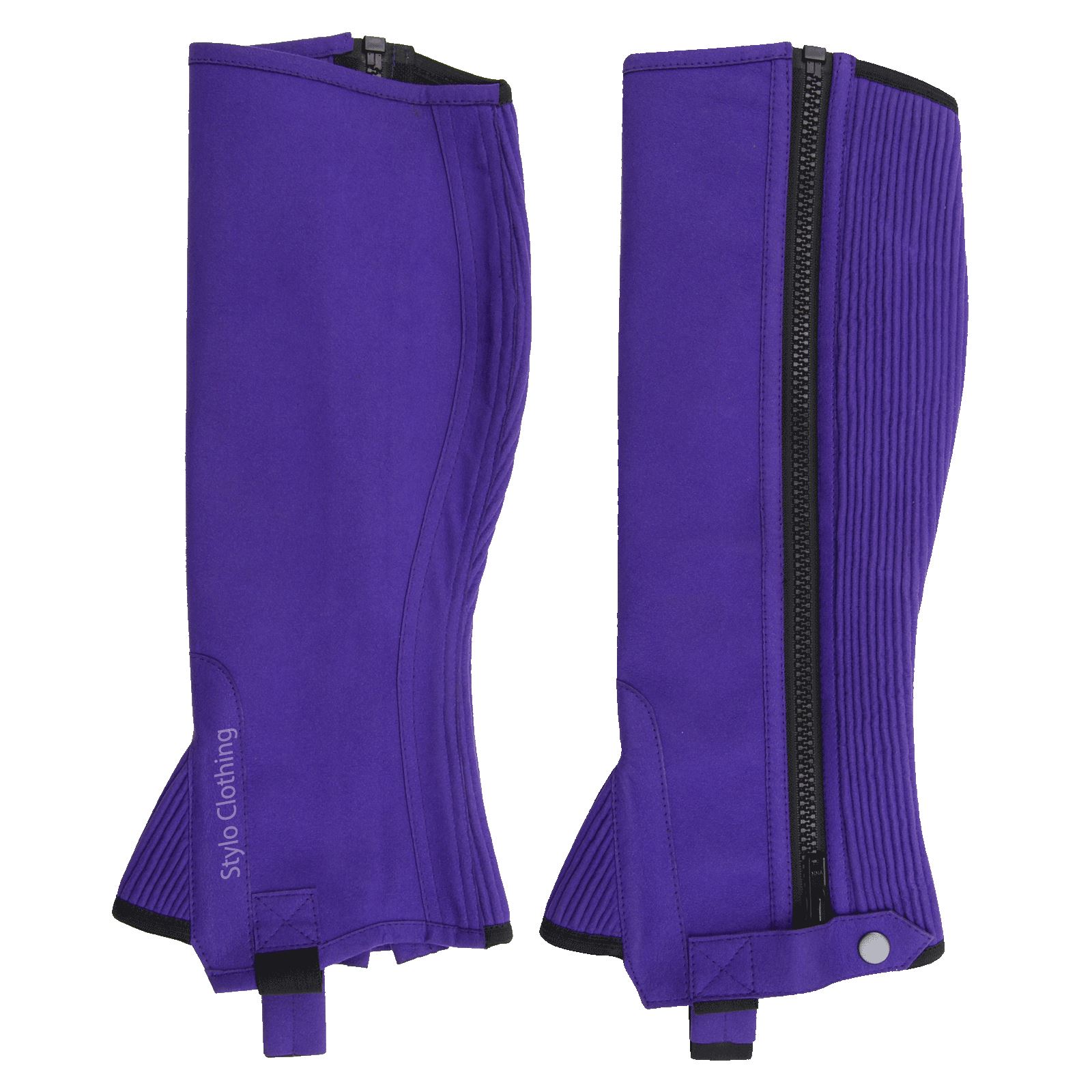 Top-quality-Amara-half-chaps-non-slip-adjustable-button-horse-riders-gear "Durable best fit half chap with secure zipper and non-slip button, perfect for stable riding, wholesale from Stylo Clothing"