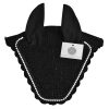 Elegant black best ear bonnet with rhinestones and no-string design for a secure fit