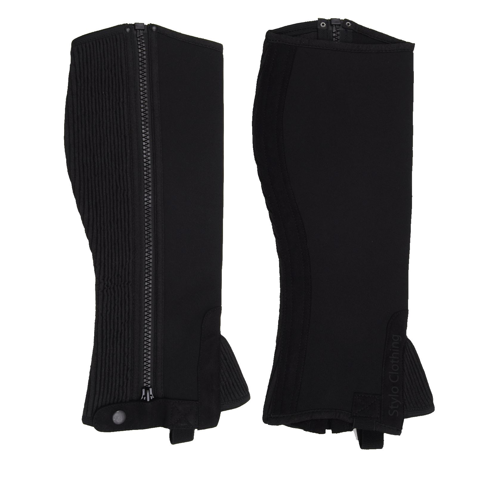 "Training rider wear lightweight half chaps, crafted from Amara suede with secure zipper, wholesaler Stylo Clothing"