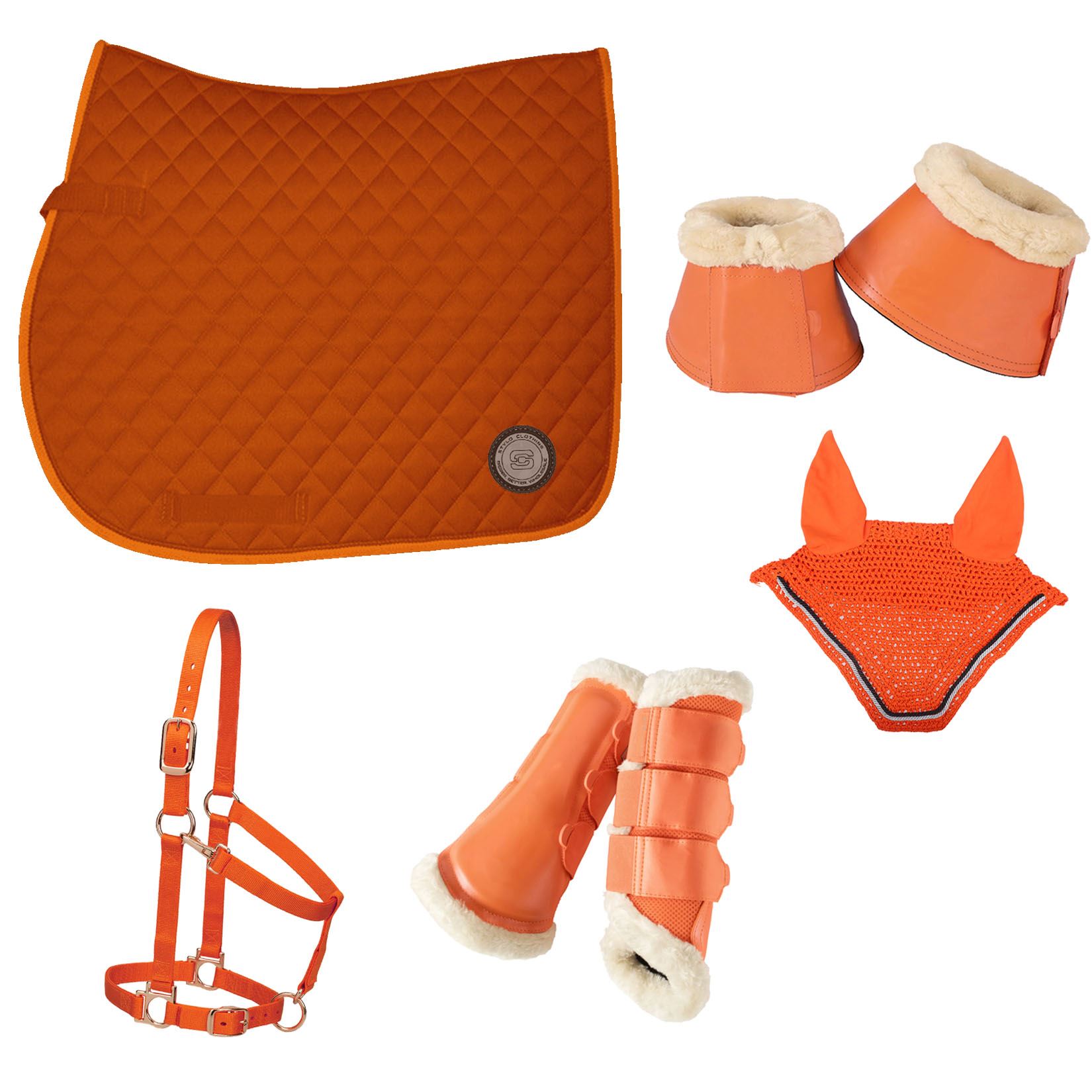 Exclusive Complete Matching Horse Sets, Includes Cotton Half Saddle Pad, Bell Boots, Halter, Ear Bonnet, and Brushing Boots