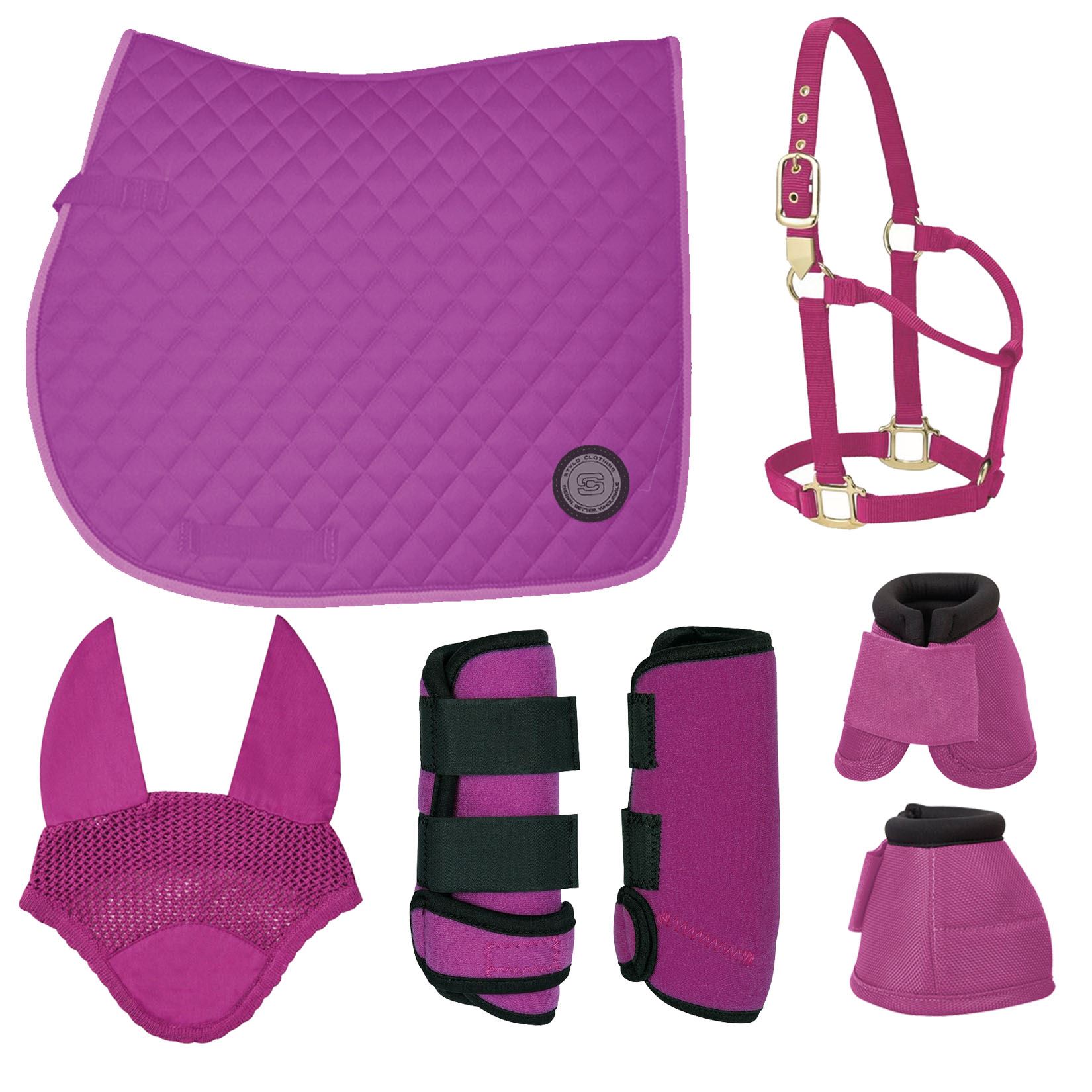 Durable Matching Horse Sets, Complete with Cotton Half Saddle Pad, Bell Boots, Halter, Ear Bonnet, and Brushing Boots