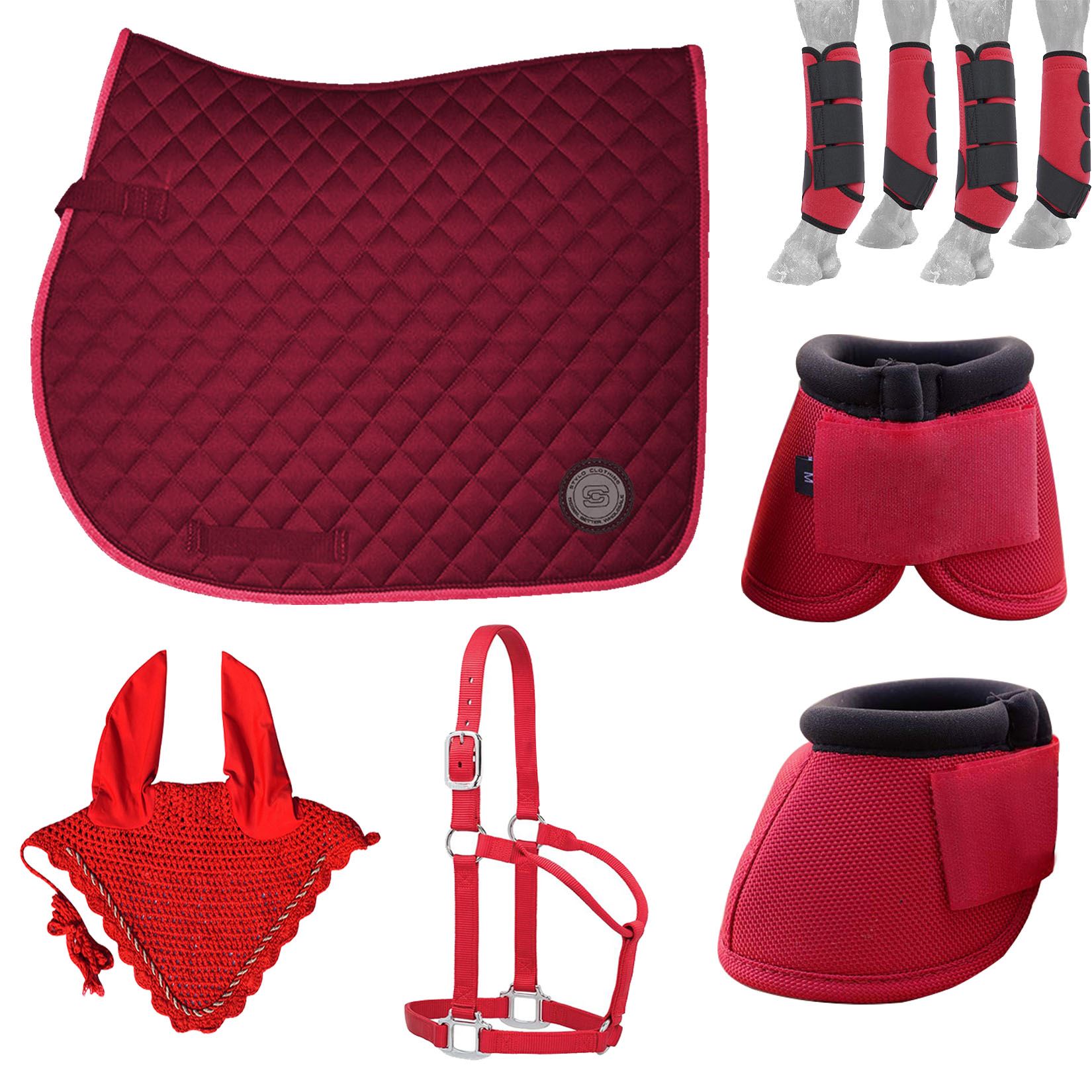 High-Quality Complete Matching Horse Sets, Featuring Cotton Half Saddle Pad, Bell Boots, Halter, Ear Bonnet, and Brushing Boots
