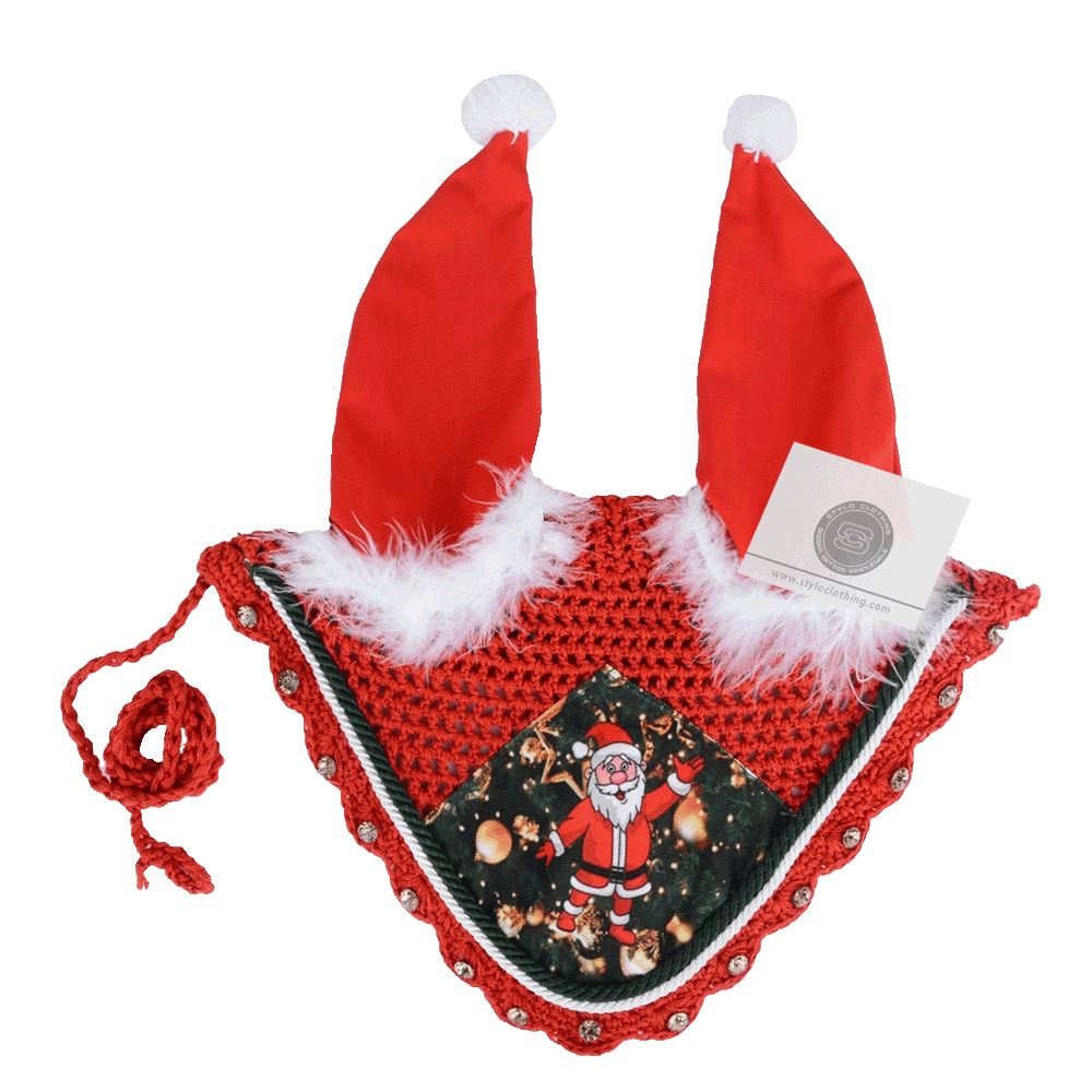 Red Christmas ear bonnet for horses, classic design by Stylo Clothing