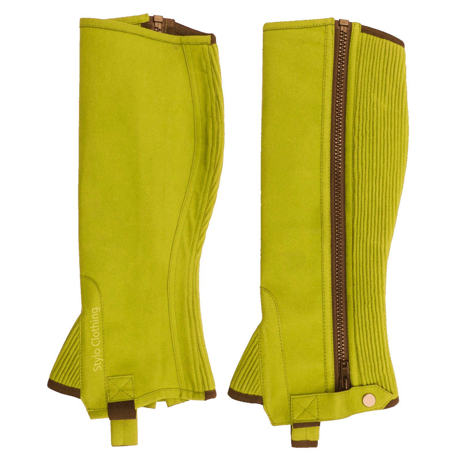 stylish-Amara-chaps-for-leg-protection-boots-with-zipper-functionality-horse-tack "Comfortable best fit half chap featuring zipper and non-slip button, designed for riders, by Stylo Clothing"