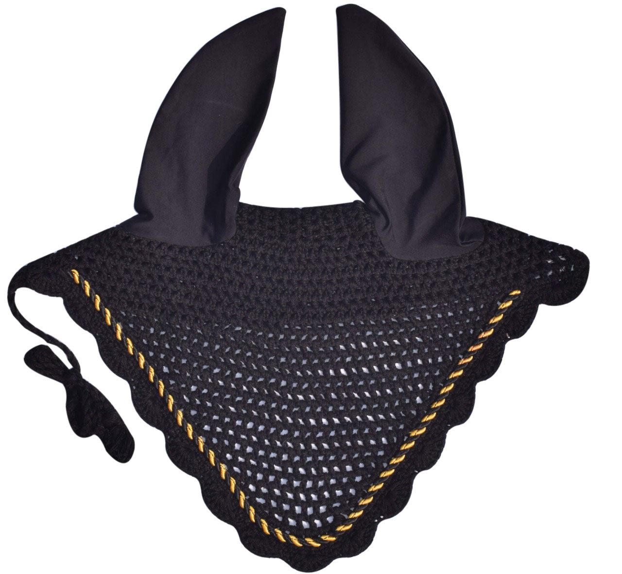Custom-made ear bonnets for horses, featuring a string single cord design for optimal fly protection