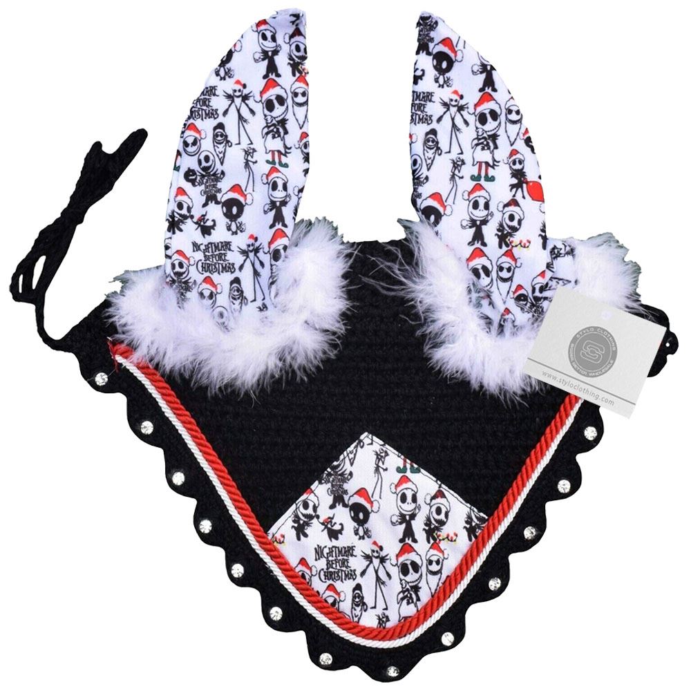 White printed Christmas ear bonnet with festive patterns from Stylo Clothing