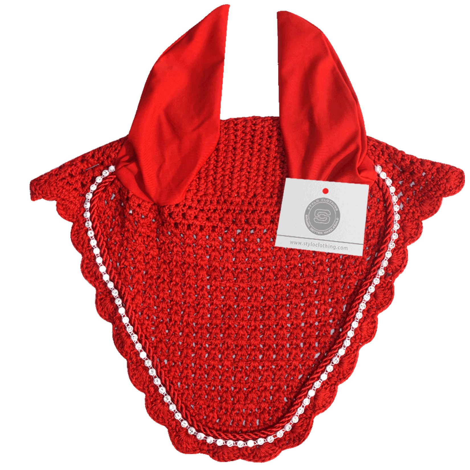 Red fly veil ear bonnet with a luxury no-string design for maximum comfort