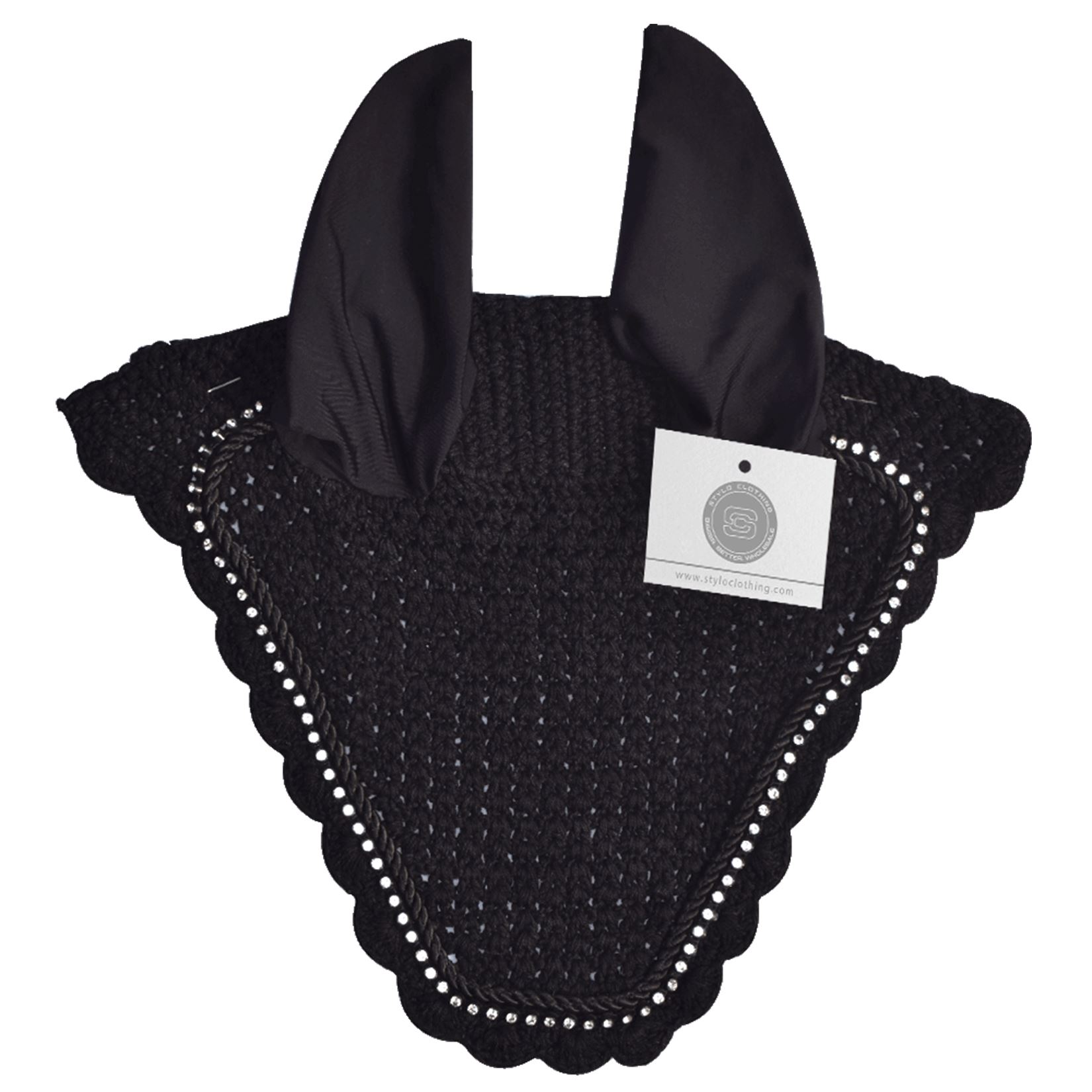 Premium Black Horse Ear Covers | 100+ Rhinestone Designs Black horse ear covers with rhinestones for style and comfort