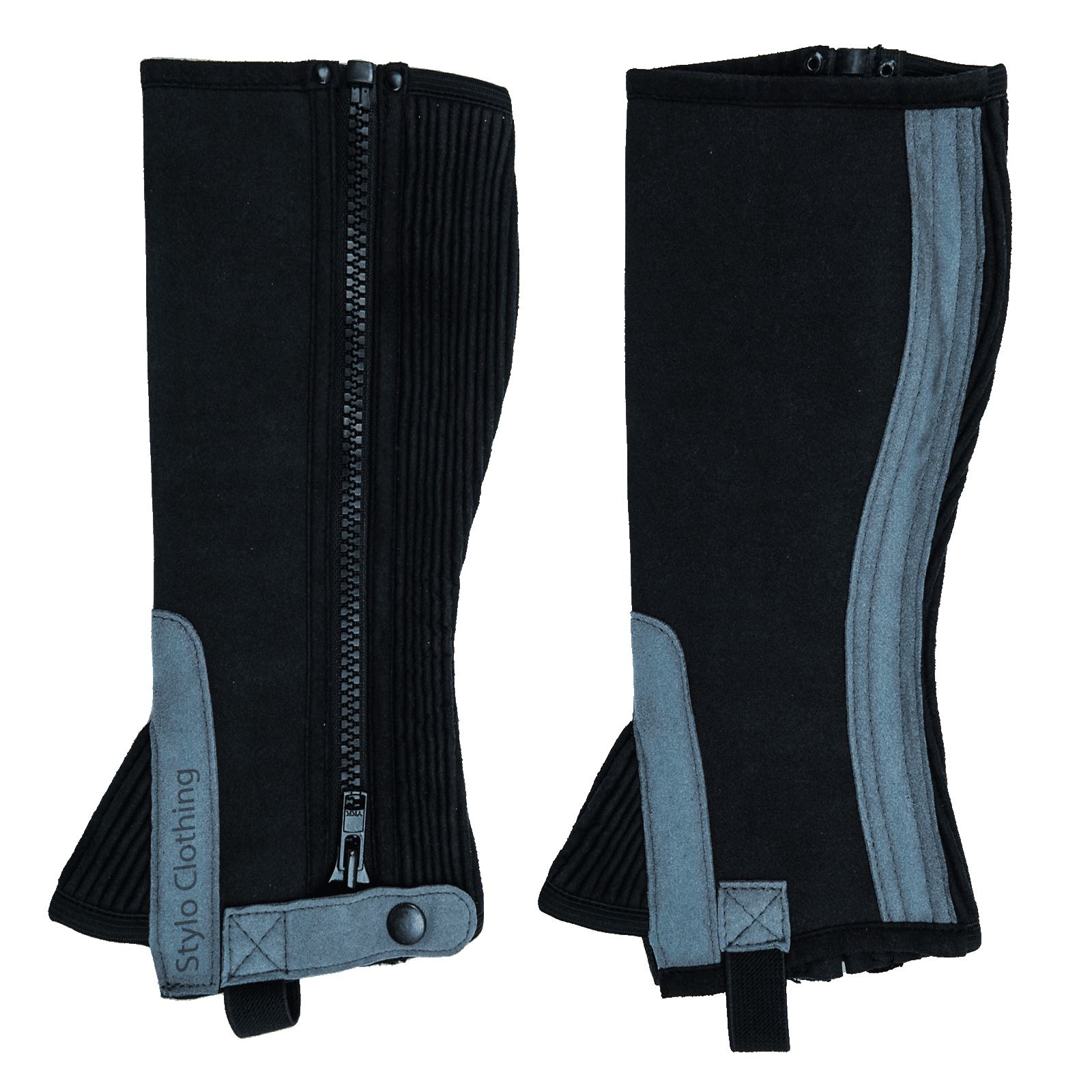 "Lightweight half chaps in Amara suede, designed for training, zipper and button closure, wholesale equine accessories from Stylo Clothing"