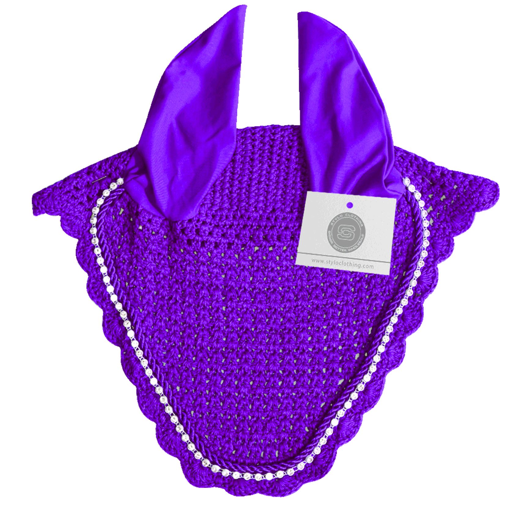 Purple fly veil ear bonnet featuring a luxury no-string design for comfort and style