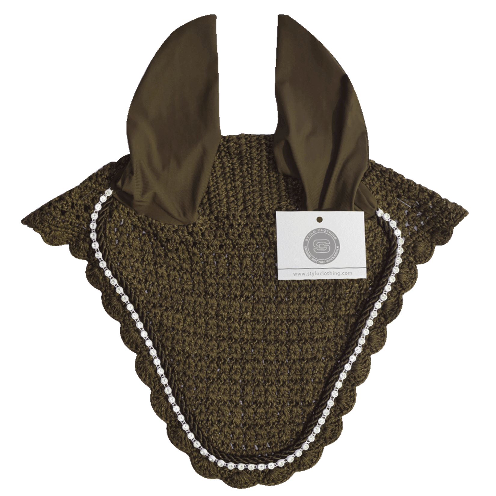 Classic Light Brown Horse Ear Covers | 100+ Rhinestone Options Light brown horse ear covers adorned with rhinestones for classic elegance