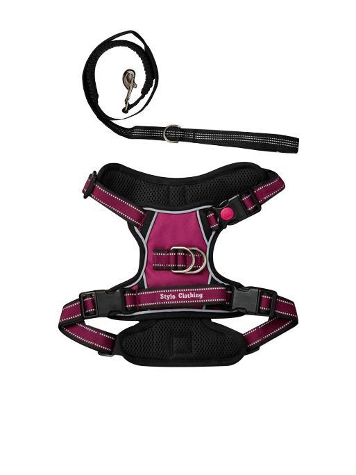 High-quality mesh dog harness and lead featuring lock clips and reflective stitching for visibility