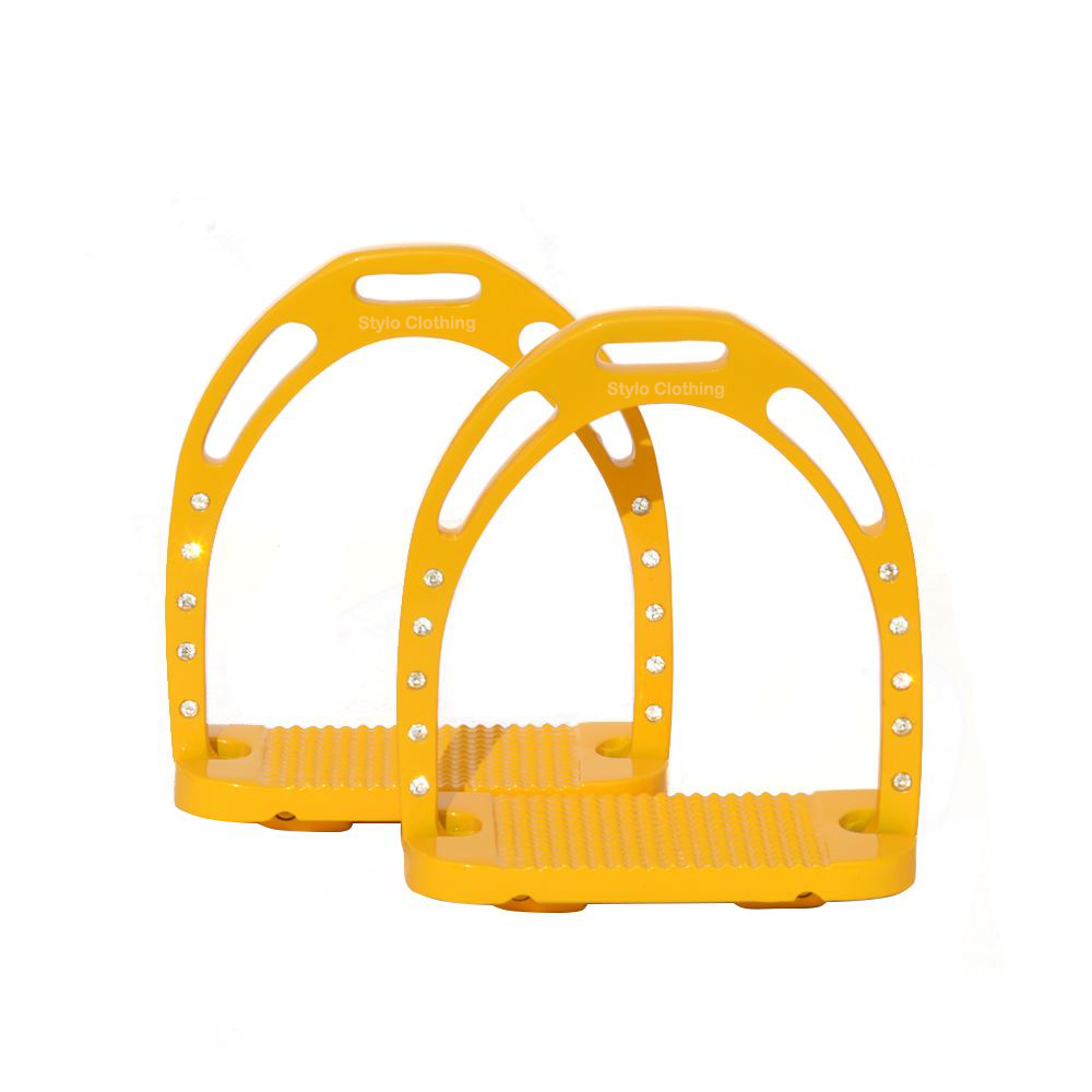 Stylish-Powder-Coating-Aluminum-jin-Stirrups-with-glamorous-crys Close-up of Aluminium Jin Stirrups with lightweight, durable construction