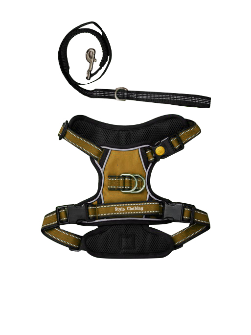 Durable mesh dog harness and lead set with secure lock clips and reflective stitching for safe, stylish walks.
